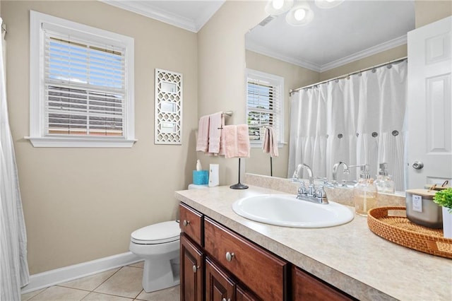 7115 Haleys Way, Theodore, AL 36582 - bathroom featuring baseboards, tile patterned flooring, ornamental molding, toilet, and vanity