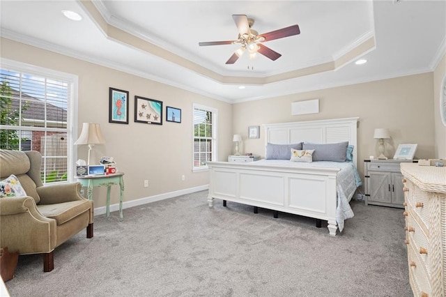 7115 Haleys Way, Theodore, AL 36582 - bedroom featuring carpet, a raised ceiling, crown molding, recessed lighting, and a ceiling fan