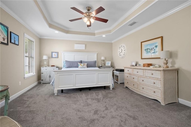 7115 Haleys Way, Theodore, AL 36582 - bedroom with a tray ceiling, carpet flooring, crown molding, baseboards, and ceiling fan