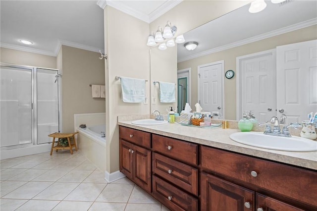 7115 Haleys Way, Theodore, AL 36582 - full bathroom featuring tile patterned flooring, a stall shower, a garden tub, double vanity, and ornamental molding