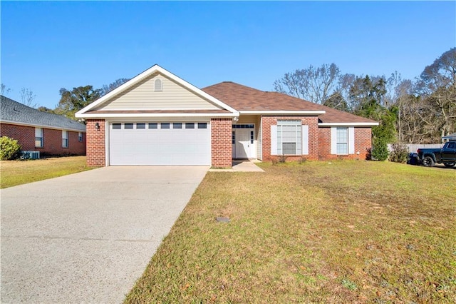 single story home featuring an attached garage, driveway, brick siding, and a front yard