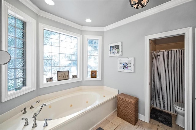 bathroom with toilet, tile patterned floors, ornamental molding, and shower with separate bathtub