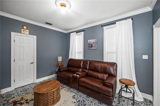 living room with ornamental molding