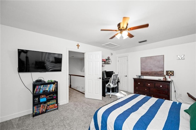 bedroom with ceiling fan and light colored carpet