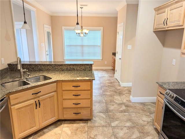 kitchen with appliances with stainless steel finishes, decorative light fixtures, crown molding, light brown cabinetry, and a sink