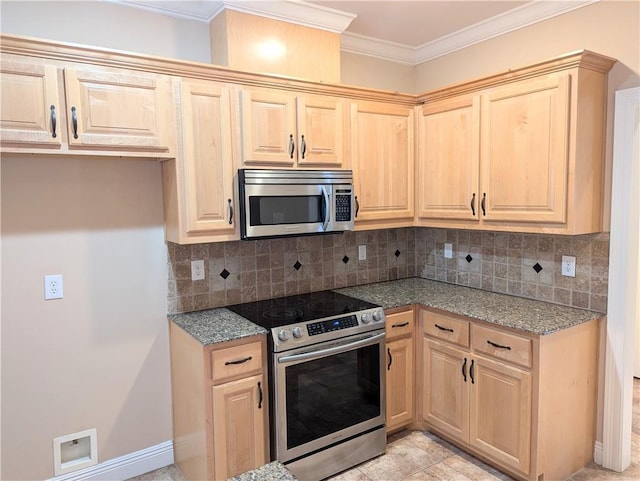 kitchen featuring light stone countertops, stainless steel appliances, ornamental molding, decorative backsplash, and light brown cabinetry