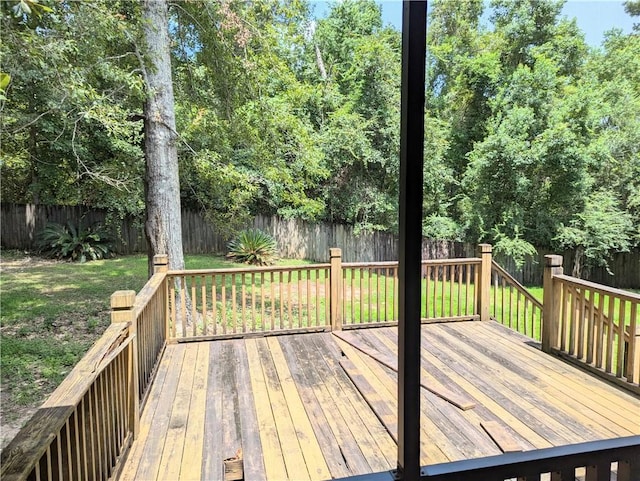 wooden deck with a fenced backyard and a yard