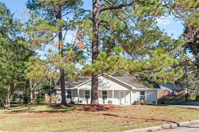 ranch-style home featuring a front lawn