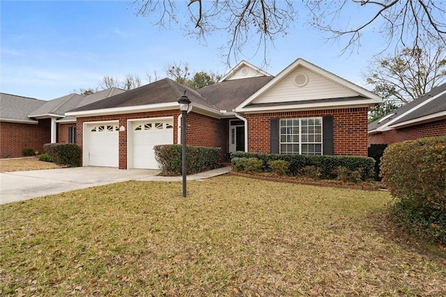 single story home featuring a garage and a front yard