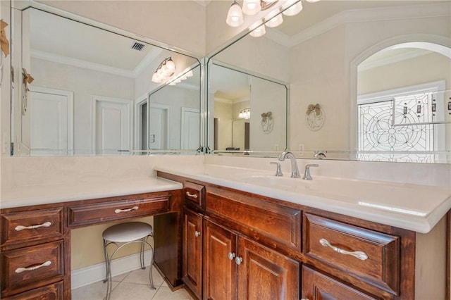 bathroom featuring visible vents, tile patterned flooring, vanity, and crown molding