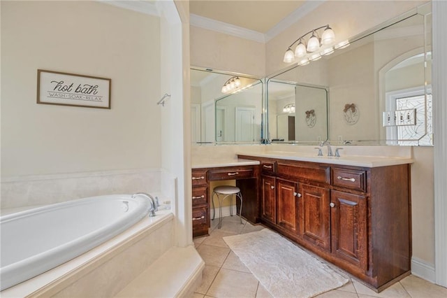 full bath featuring a bath, crown molding, vanity, and tile patterned floors