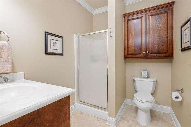 bathroom with a shower stall, tile patterned floors, vanity, toilet, and ornamental molding