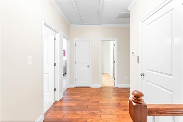 311 Magnolia Ave Unit 54, Satsuma, AL 36572 - hallway featuring light wood-style flooring, attic access, crown molding, and baseboards