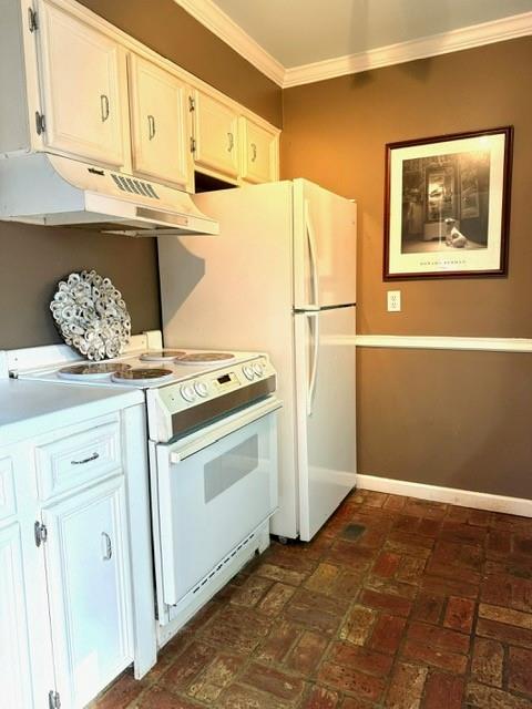 kitchen featuring white cabinetry, ornamental molding, and white range with electric cooktop