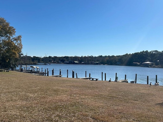 dock area featuring a water view and a yard