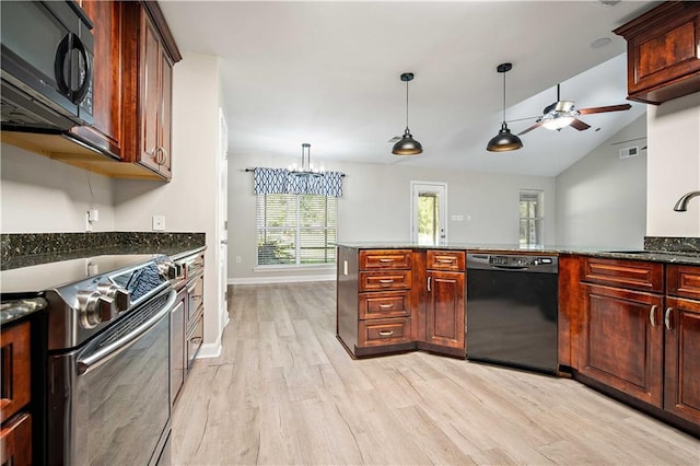 kitchen with black appliances, a sink, light wood-type flooring, ceiling fan, and pendant lighting