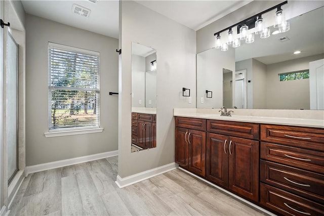 bathroom featuring walk in shower, hardwood / wood-style floors, and vanity