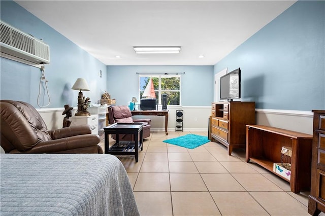 tiled bedroom with an AC wall unit