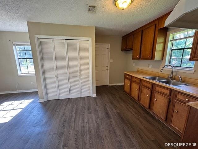 303 Ruben Ave, Saraland, AL 36571 - kitchen with a sink, dark wood-style flooring, brown cabinets, baseboards, and a textured ceiling