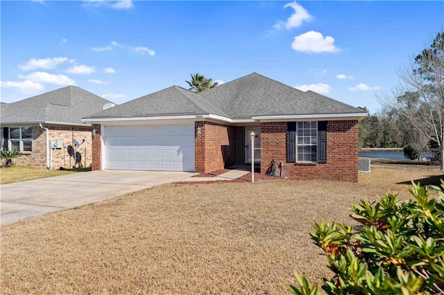 ranch-style home with concrete driveway, an attached garage, brick siding, and roof with shingles