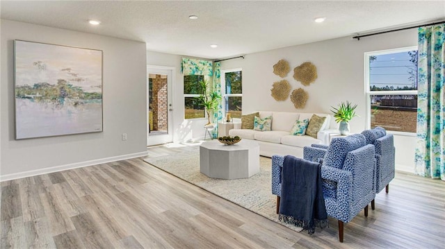 living room with light hardwood / wood-style floors and a textured ceiling