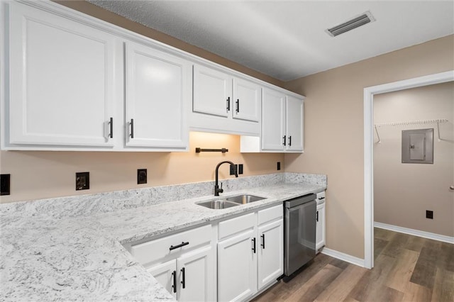 kitchen with white cabinetry, light stone countertops, electric panel, stainless steel dishwasher, and sink