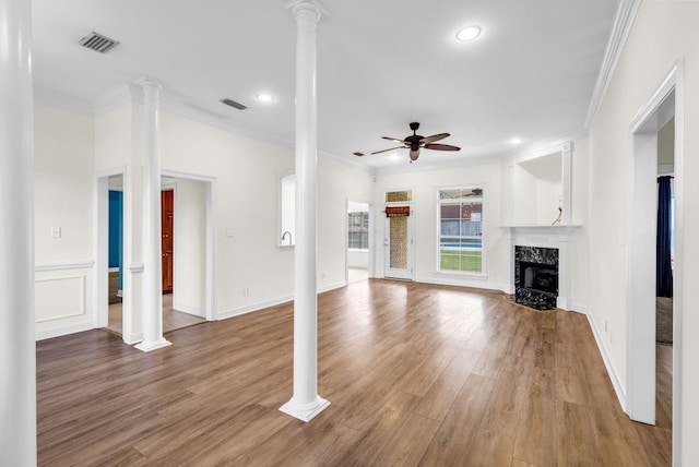 8705 Floyd Crabtree Way, Semmes, AL 36575 - unfurnished living room featuring a ceiling fan, crown molding, wood finished floors, a premium fireplace, and recessed lighting