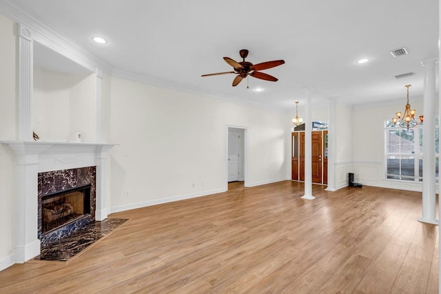 8705 Floyd Crabtree Way, Semmes, AL 36575 - unfurnished living room with ceiling fan, light wood-type flooring, a premium fireplace, ornamental molding, and recessed lighting