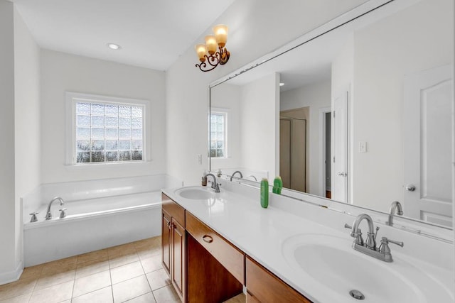 8705 Floyd Crabtree Way, Semmes, AL 36575 - full bathroom with double vanity, a garden tub, tile patterned flooring, and a stall shower