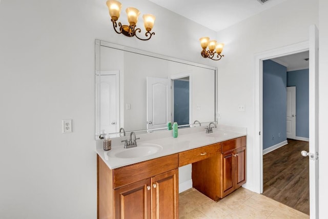 8705 Floyd Crabtree Way, Semmes, AL 36575 - full bathroom with a chandelier, double vanity, and tile patterned flooring