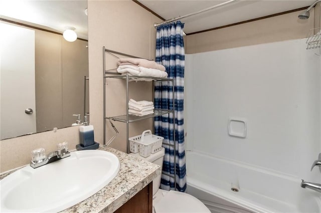 full bathroom featuring vanity, toilet, and shower / bathtub combination with curtain