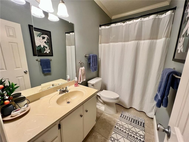 bathroom featuring a chandelier, toilet, vanity, ornamental molding, and tile patterned floors