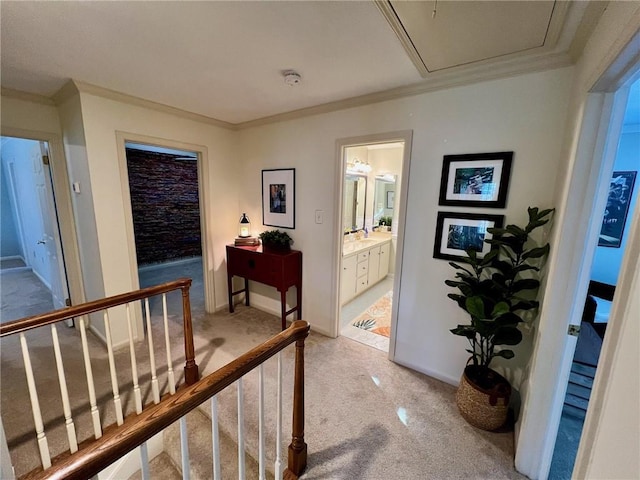 hall with light carpet, baseboards, a sink, and crown molding