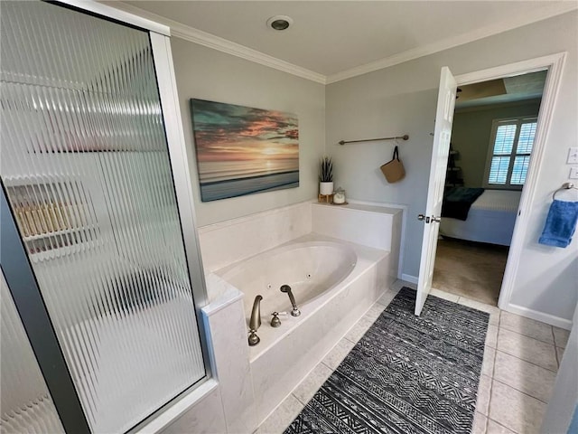 full bathroom with baseboards, connected bathroom, ornamental molding, a tub with jets, and tile patterned flooring