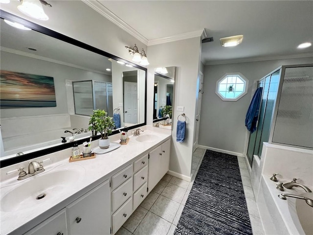 full bathroom featuring crown molding, a sink, and a shower stall