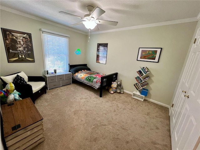 carpeted bedroom with crown molding, a textured ceiling, baseboards, and ceiling fan