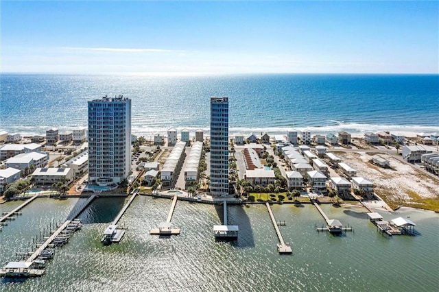 drone / aerial view featuring a water view