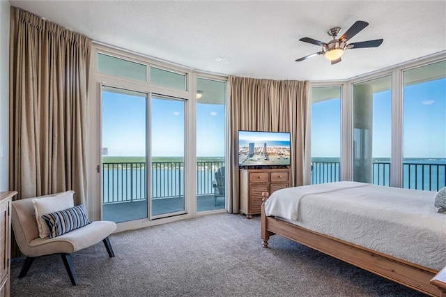 bedroom with ceiling fan, a water view, access to outside, and multiple windows