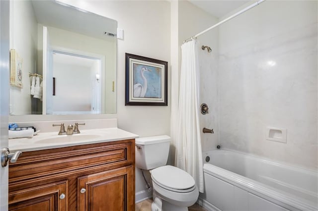 full bathroom with vanity, toilet, and shower / bath combination with curtain