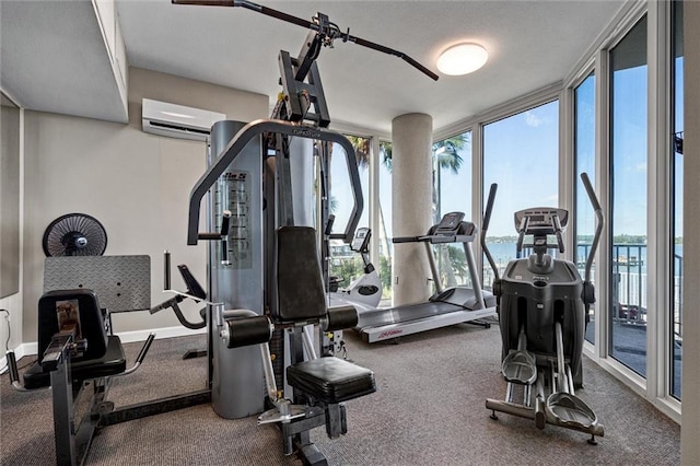 exercise room with a wall unit AC, a water view, and dark colored carpet