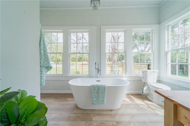 bathroom featuring a wealth of natural light, wood finished floors, and a freestanding tub