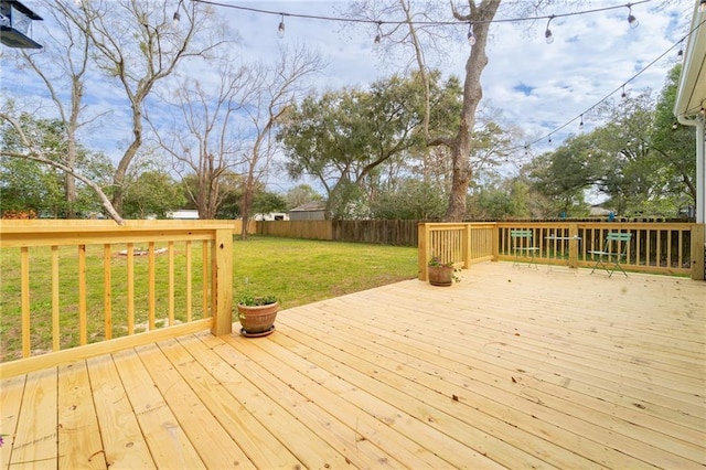 wooden terrace featuring a lawn and a fenced backyard