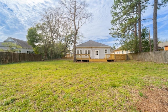 view of yard with a deck and a fenced backyard