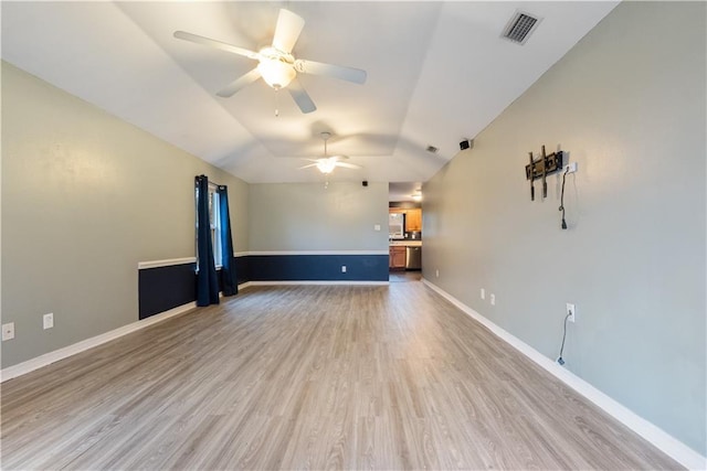 unfurnished living room featuring lofted ceiling, light hardwood / wood-style flooring, and ceiling fan