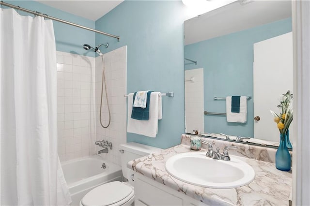 full bathroom featuring toilet, vanity, and shower / tub combo with curtain