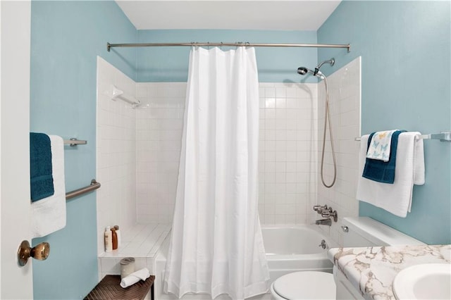 full bathroom featuring vanity, toilet, and shower / bath combo with shower curtain