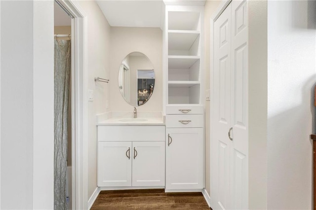 bathroom with hardwood / wood-style flooring and vanity