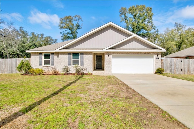 single story home with a garage, a front yard, brick siding, and fence