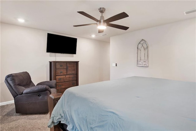 bedroom featuring carpet, visible vents, ceiling fan, and recessed lighting