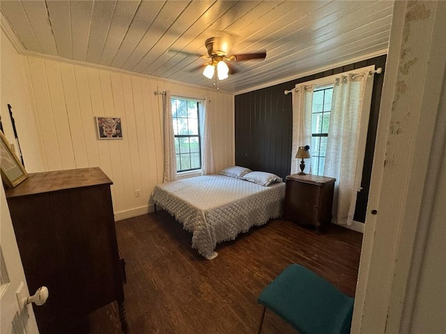 9740 Tanner Williams Rd, Mobile, AL 36608 - bedroom featuring multiple windows, wood finished floors, a ceiling fan, wood ceiling, and crown molding